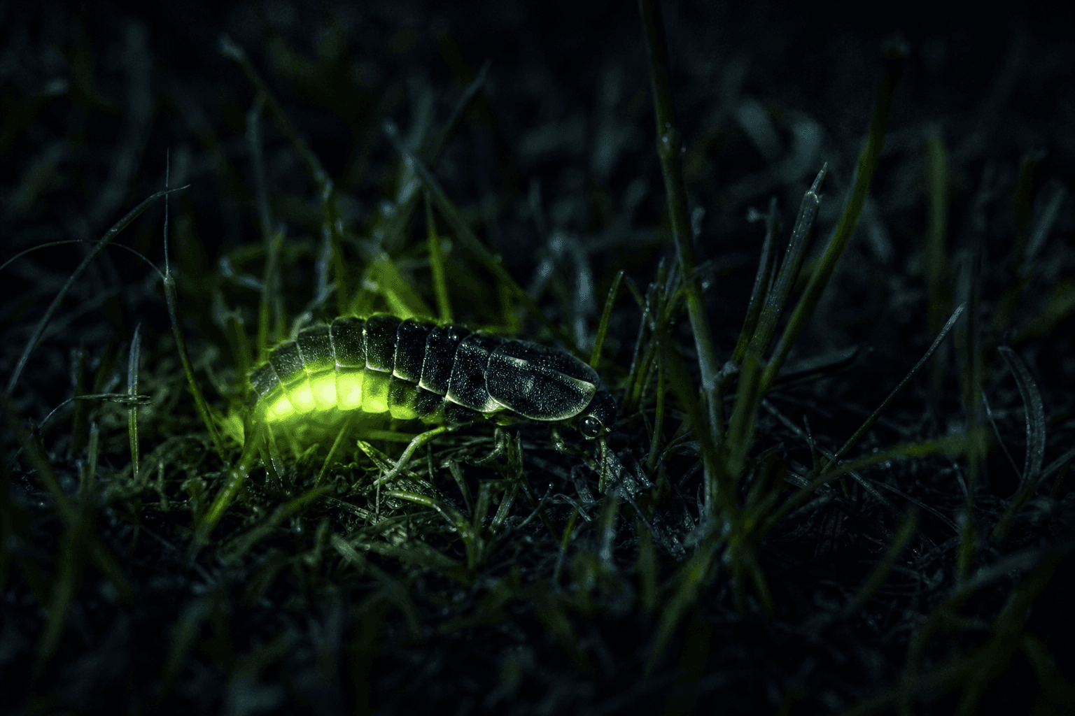 Glow-worm emitting green bioluminescent light in short grass at night, Sefton Coast dunes