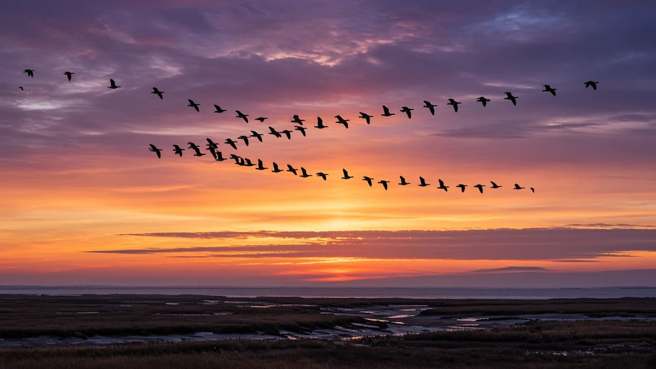 Skein of pink-footed geese in V formation flying at dusk over a flat coastal marsh, silhouettes against an orange and purple sunset sky
